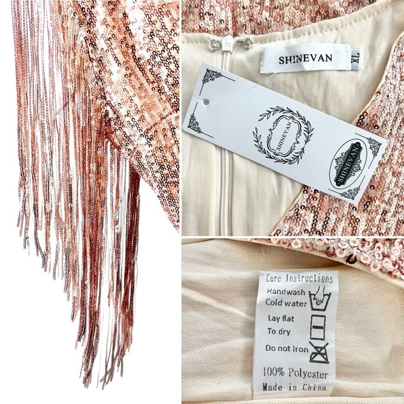 Sequin Fringe V-Neck Party Mini Dress in Rose Gold, XL - Picture 7 of 10